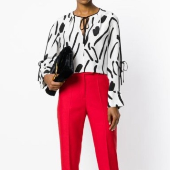 Diane Von Furstenberg Silk Blouse Tunic Top White Black Print 2 Silk Bows - Picture 5 of 16